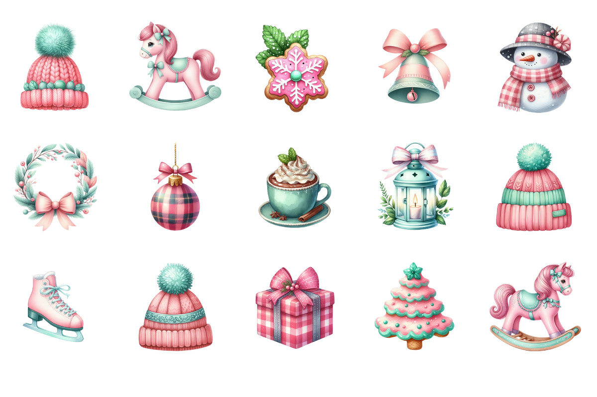 Pink & Mint Christmas Watercolor Clipart PNG Bundle | Cute Christmas PNG | Pastel Holiday Sublimation