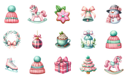 Pink & Mint Christmas Watercolor Clipart PNG Bundle | Cute Christmas PNG | Pastel Holiday Sublimation