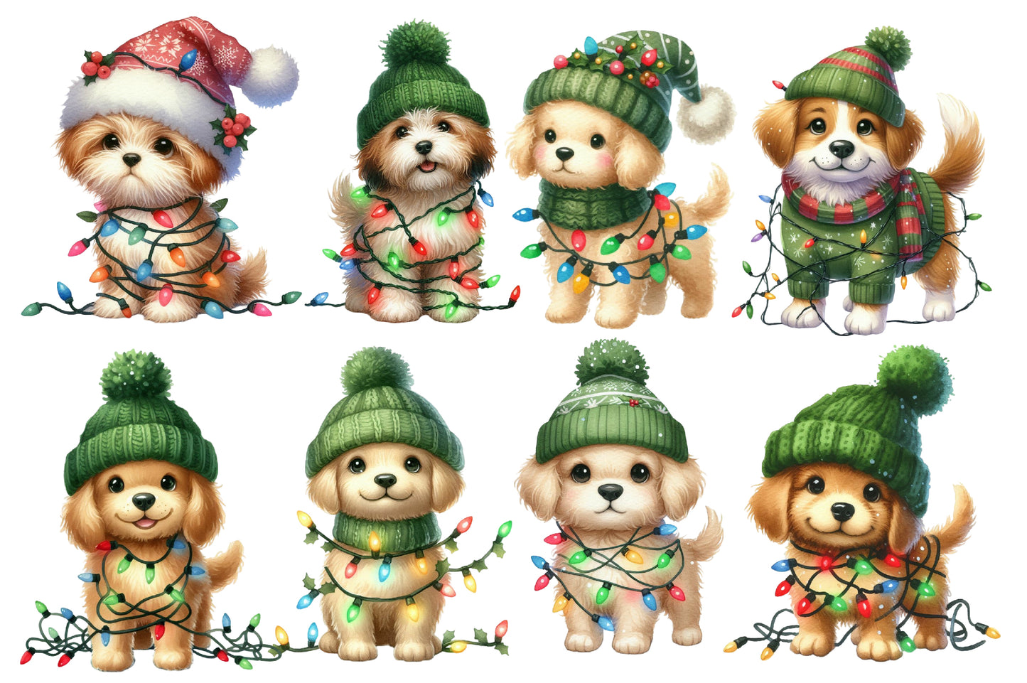 Christmas Dog with Lights Clipart PNG Bundle | Watercolor Cute Christmas Puppy with String Lights | Holiday Sublimation PNG