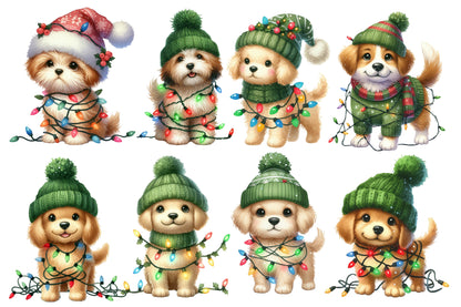 Christmas Dog with Lights Clipart PNG Bundle | Watercolor Cute Christmas Puppy with String Lights | Holiday Sublimation PNG