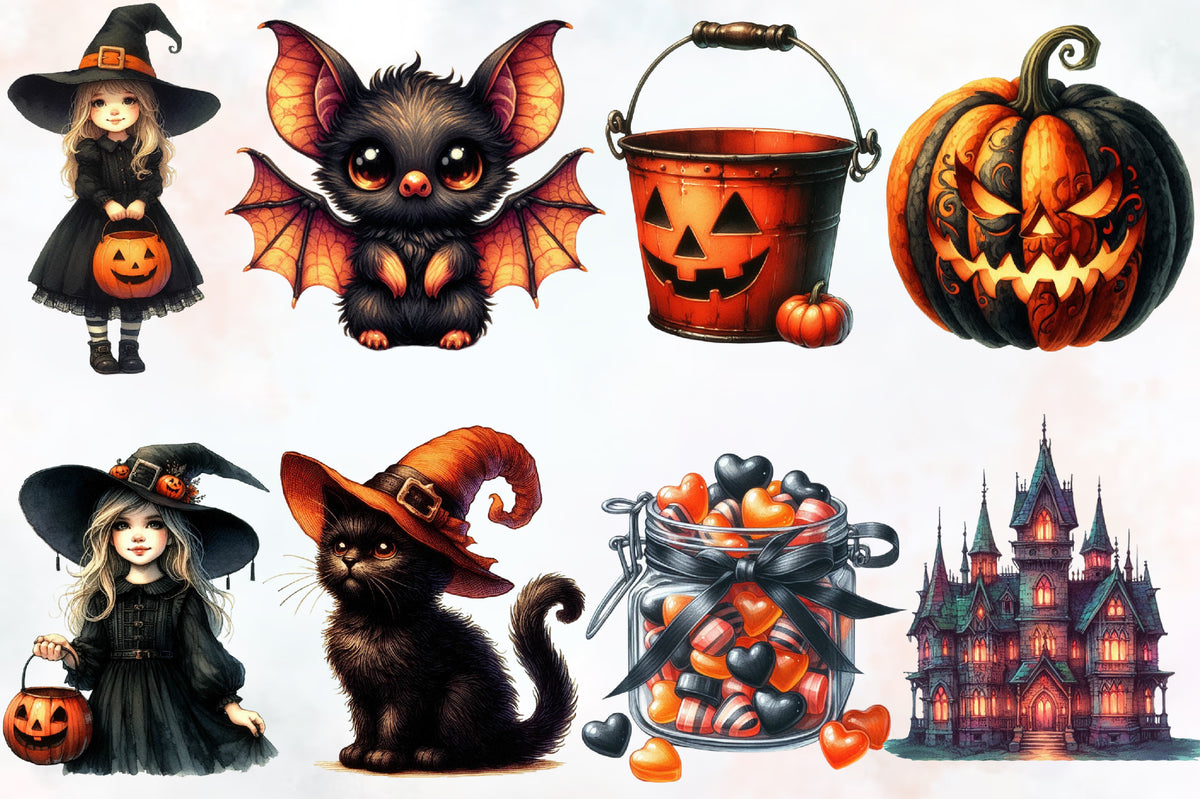 Cute Halloween PNG Bundle Watercolor Witch & Spooky Clipart
