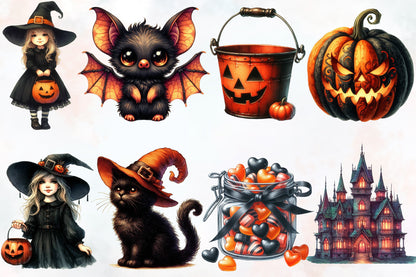 Cute Halloween PNG Bundle Watercolor Witch & Spooky Clipart