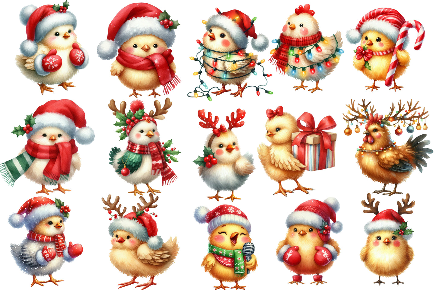 Christmas Chickens Clipart PNG Bundle | Watercolor Cute Christmas Chicken Clipart | Festive Farmhouse Holiday PNG