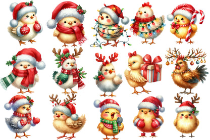 Christmas Chickens Clipart PNG Bundle | Watercolor Cute Christmas Chicken Clipart | Festive Farmhouse Holiday PNG