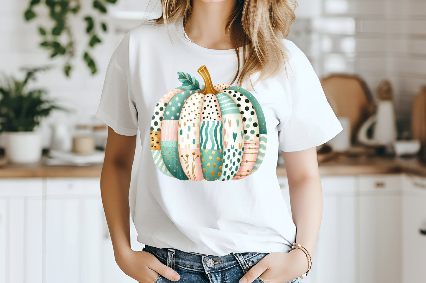 Cute Boho Patchwork Pumpkin PNG Teal Fall Autumn Pumpkin Sublimation
