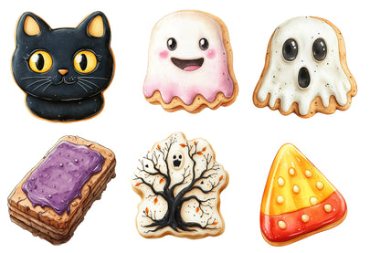 Watercolor Halloween Cookies Clipart PNG Bundle | Spooky Cookies, Pumpkin, Ghost, Witch & Bat Treats PNG