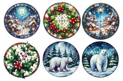 Christmas Round Stained Glass Clipart PNG Bundle | Watercolor Round Christmas Stained Glass Designs | Holiday Sublimation PNG
