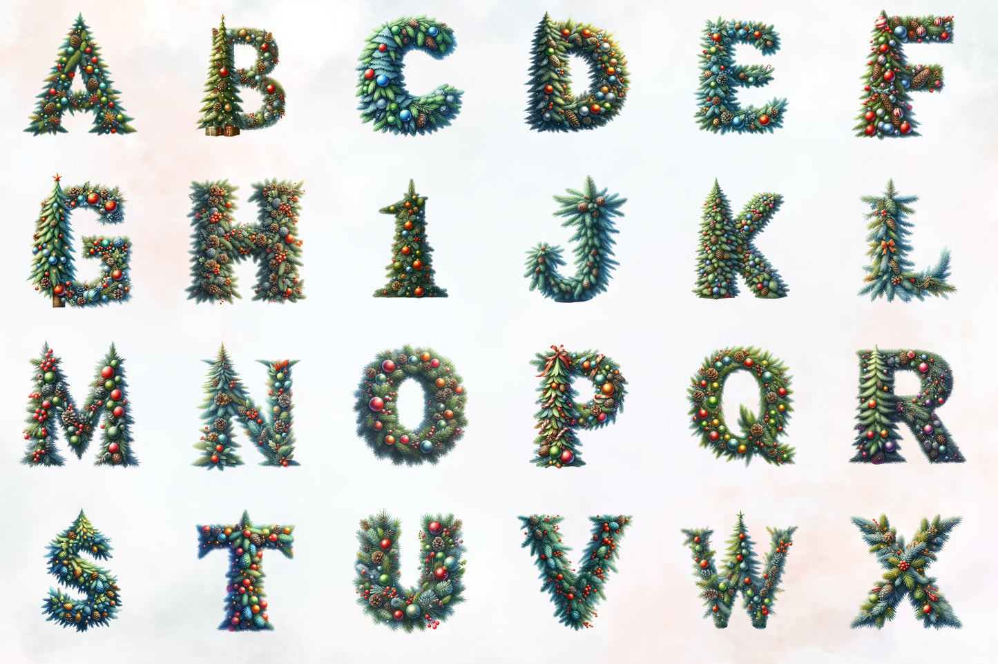 Watercolor Christmas Tree Alphabet PNG Bundle  26 Letters