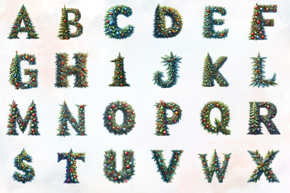 Watercolor Christmas Tree Alphabet PNG Bundle  26 Letters