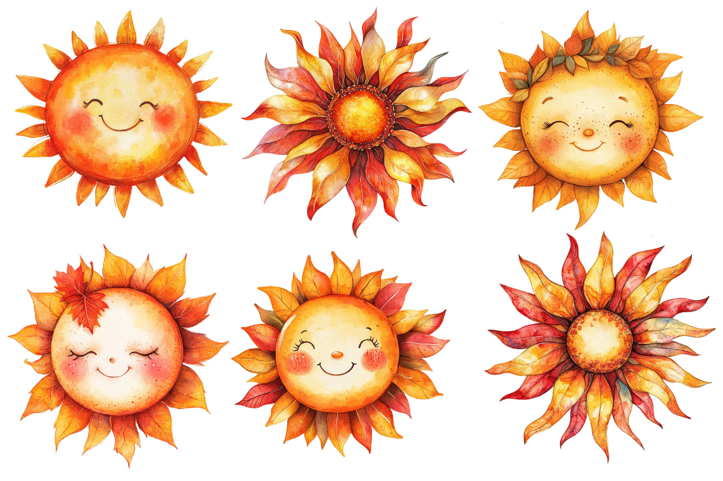 Cute Autumn Sun Watercolor Clipart PNG Bundle | Fall Sun Clipart, Sunflower PNG,