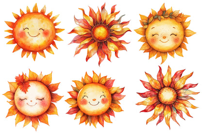 Cute Autumn Sun Watercolor Clipart PNG Bundle | Fall Sun Clipart, Sunflower PNG,