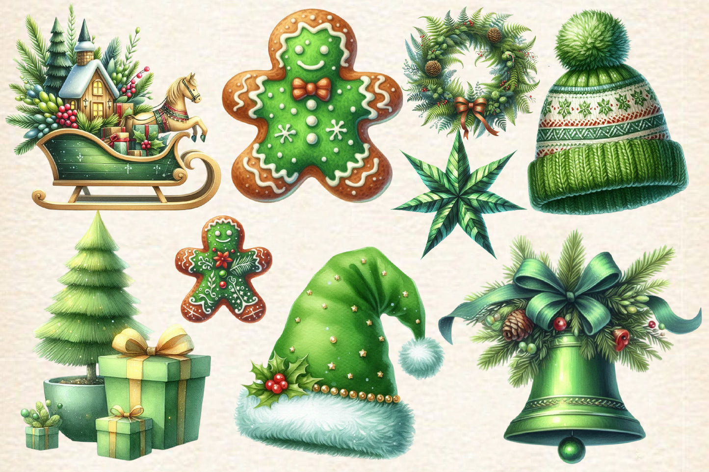 20 Watercolor Green Christmas PNG Clipart Bundle Santa Reindeer Snowman