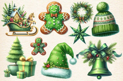 20 Watercolor Green Christmas PNG Clipart Bundle Santa Reindeer Snowman