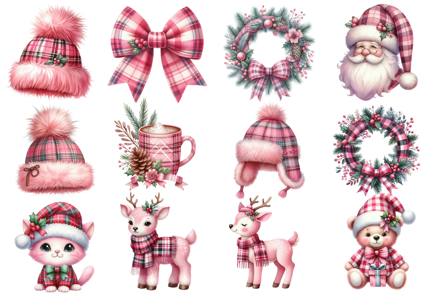 Pink Plaid Christmas Watercolor Clipart PNG Bundle | Cute Pink Tartan Christmas Clipart | Pink Christmas Sublimation PNG