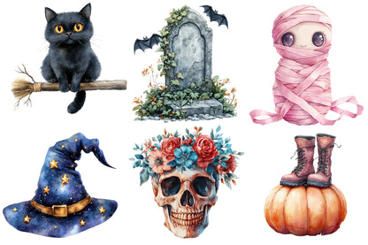 Halloween Designs Clipart PNG | Cute Ghost, Black Cat, Bat, Witch Hat & Pumpkin Clipart