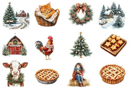 Cozy Farm Christmas Clipart PNG Bundle | Christmas Farmhouse, Snowy Barn, Christmas Tree, Cows, Sheep, Birds & Winter Farm