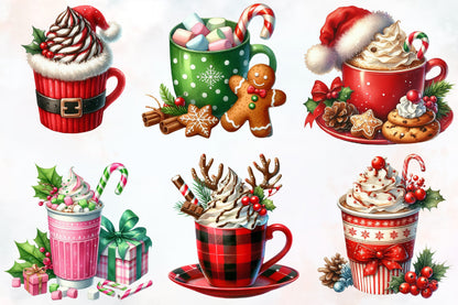 Watercolor Christmas Coffee Clipart PNG Bundle | Holiday Hot Cocoa, Coffee Cups, Gingerbread & Festive Drinks
