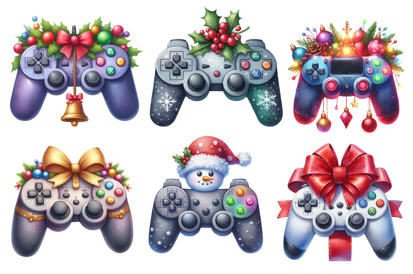 Christmas Gaming Controllers Clipart PNG Bundle | Watercolor Festive Game Controller Clipart | Gamer Christmas Sublimation PNG