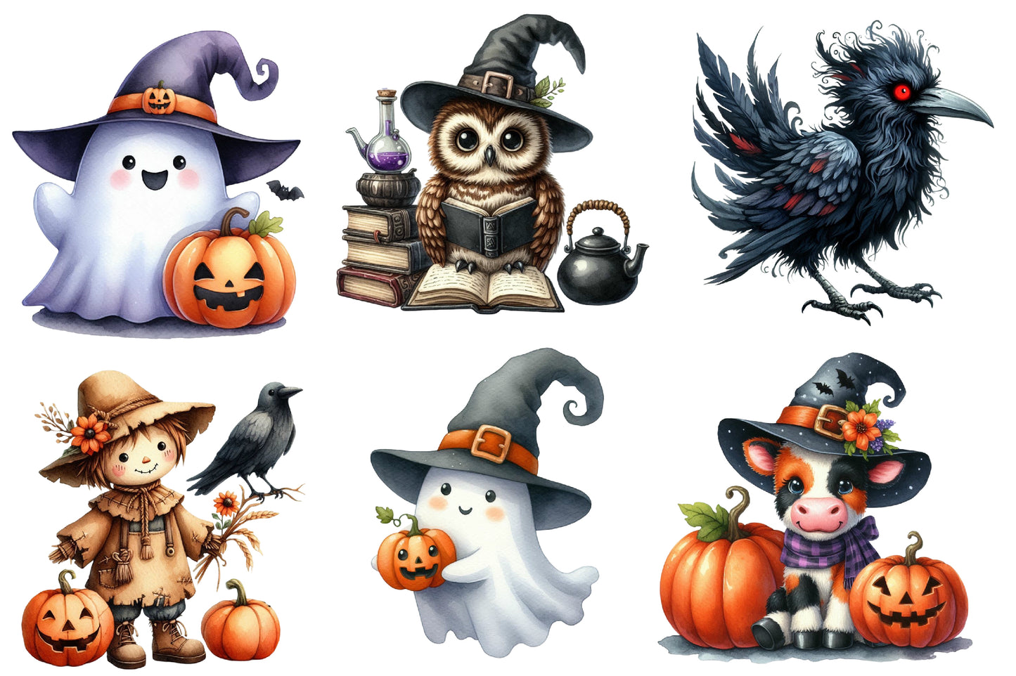 Quirky Halloween Watercolor Clipart PNG Bundle | Cute Spooky Halloween Clipart | Halloween Sublimation PNG
