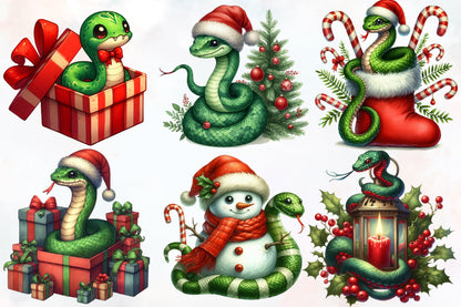 12 Christmas Snake PNG Sublimation Bundle Watercolor Cute Holiday Reptile Clipart