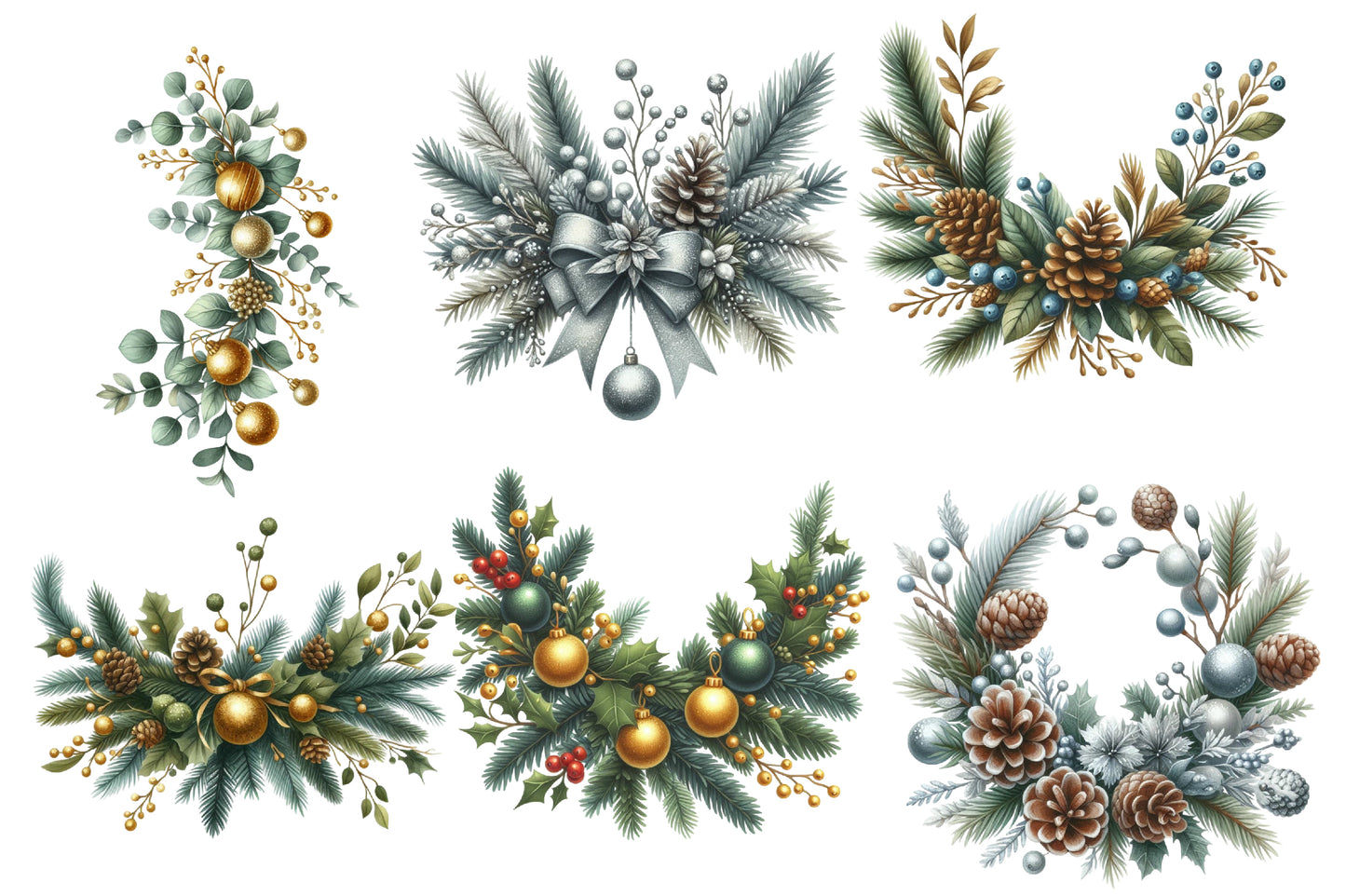 Christmas Garland Clipart Bundle PNG | Watercolor Festive Christmas Garland Clipart | Holiday Greenery Sublimation PNG