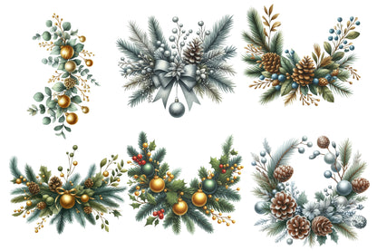 Christmas Garland Clipart Bundle PNG | Watercolor Festive Christmas Garland Clipart | Holiday Greenery Sublimation PNG