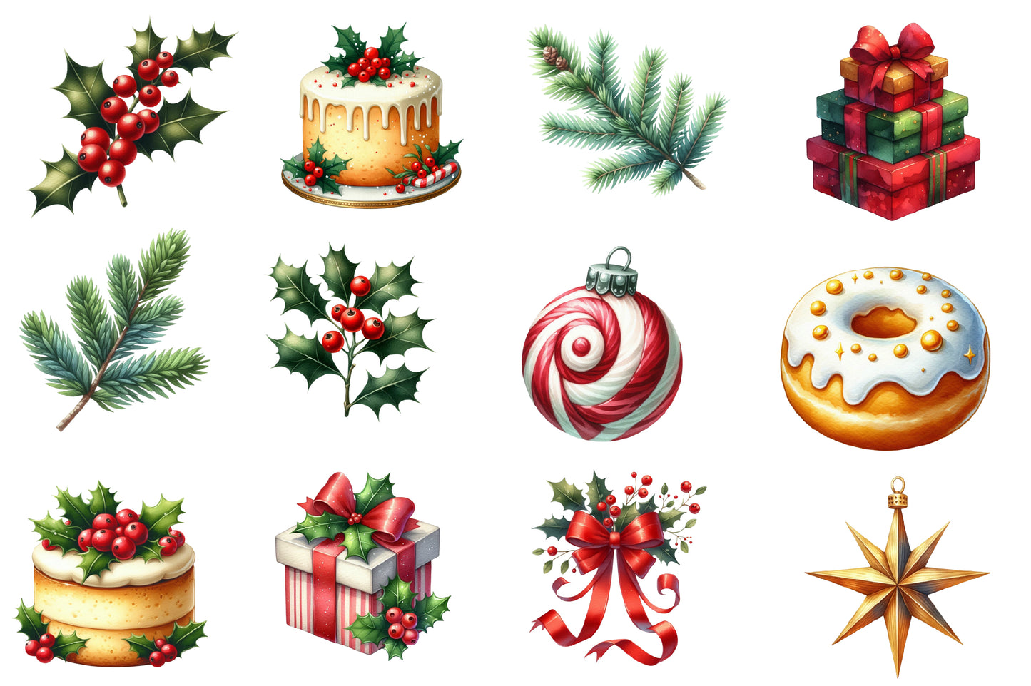 Christmas Elements Clipart PNG Bundle | Watercolor Holiday Christmas Elements | Festive Sublimation PNG
