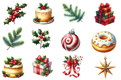 Christmas Elements Clipart PNG Bundle | Watercolor Holiday Christmas Elements | Festive Sublimation PNG