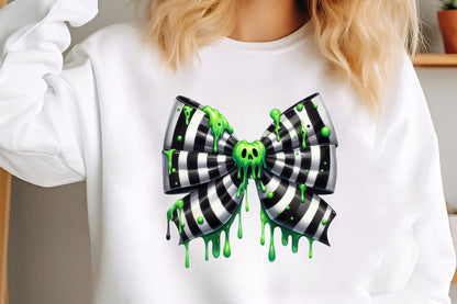 Halloween Slime Bow PNG Striped Gothic Coquette Skull Bow