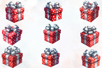 21 Christmas Gift Box PNG Clipart Bundle Watercolor Red Silver Present
