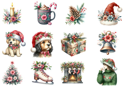Christmas Floral Watercolor Clipart PNG Bundle | Floral Christmas Clipart | Holiday Sublimation