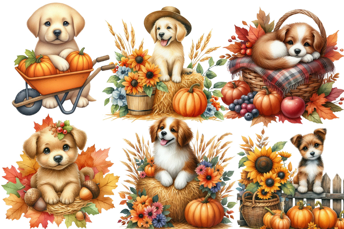 Fall Dog Watercolor Clipart PNG Bundle | Cute Autumn Puppy Clipart | Thanksgiving Sublimation