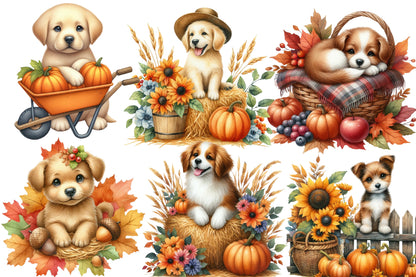 Fall Dog Watercolor Clipart PNG Bundle | Cute Autumn Puppy Clipart | Thanksgiving Sublimation