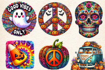 19 Halloween Groovy Clipart PNG Tie Dye Ghost Pumpkin Cat Peace Hippie Halloween