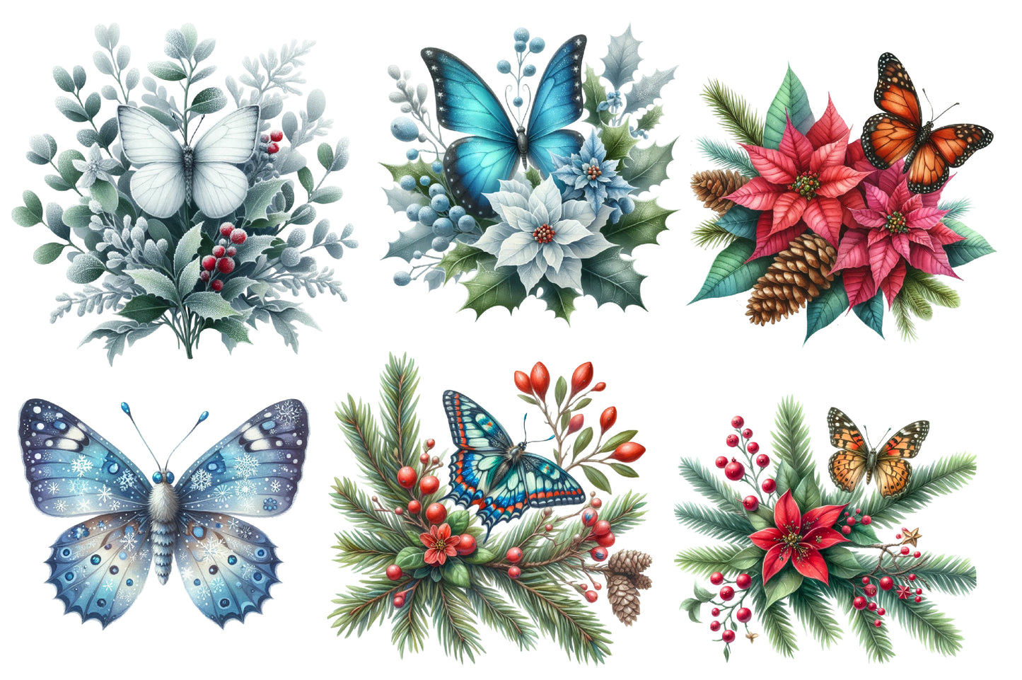 Christmas Butterfly Clipart PNG Bundle | Watercolor Festive Butterfly Clipart | Holiday Butterfly Sublimation PNG