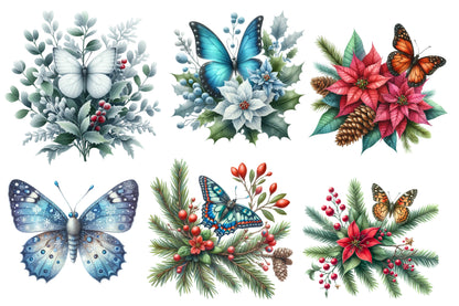 Christmas Butterfly Clipart PNG Bundle | Watercolor Festive Butterfly Clipart | Holiday Butterfly Sublimation PNG