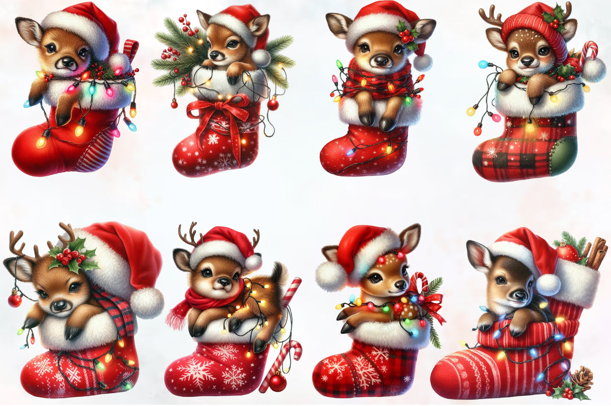 28 Christmas Reindeer on Stocking PNG Sublimation Bundle Cute Santa Deer