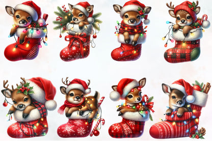 28 Christmas Reindeer on Stocking PNG Sublimation Bundle Cute Santa Deer
