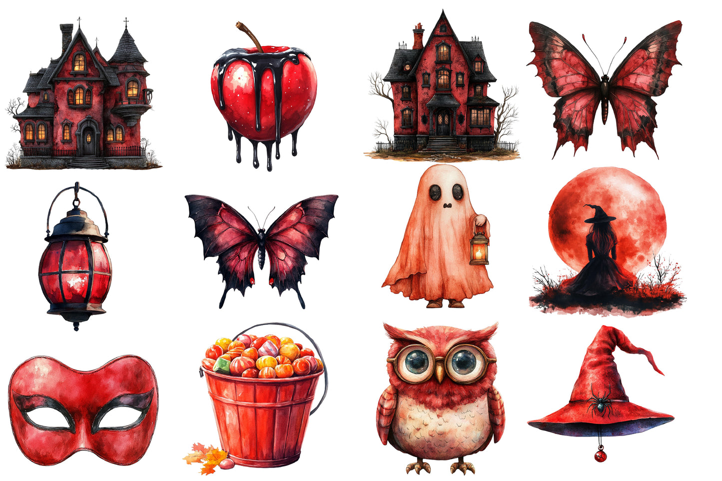 Red Halloween Watercolor Clipart PNG Bundle | Red Halloween Clipart | Red Halloween Sublimation PNG