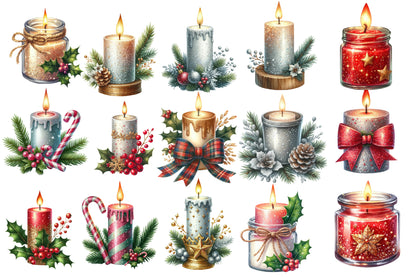 Christmas Glitter Candle Clipart PNG Bundle | Watercolor Sparkling Christmas Candle Clipart | Holiday Candle Sublimation PNG