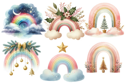 Christmas Pastel Rainbows Clipart PNG Bundle | Watercolor Pastel Christmas Rainbow Clipart | Cute Holiday Sublimation PNG