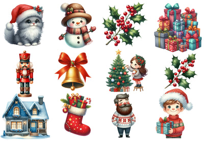 Christmas Day Clipart PNG Bundle | Cute Winter House, Christmas Tree, Boy, Girl, Santa, Dog, Cat, Snowman & Holiday Decorations