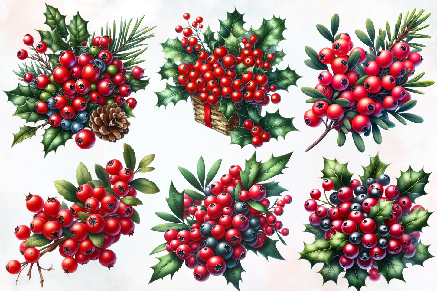 Christmas Berries Clipart PNG Bundle | Red Holly Berries, Winter Greenery, Christmas Berry Branches & Festive Botanical Designs