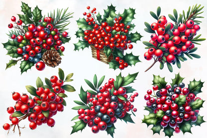Christmas Berries Clipart PNG Bundle | Red Holly Berries, Winter Greenery, Christmas Berry Branches & Festive Botanical Designs