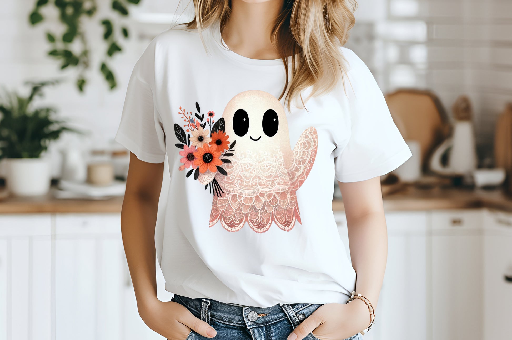 Cute Lace Ghost PNG Floral Halloween Ghost Sublimation Design