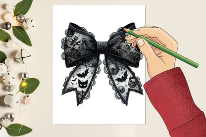 22 Watercolor Halloween Black Lace Bow PNG Bundle Gothic Spooky Bow Clipart