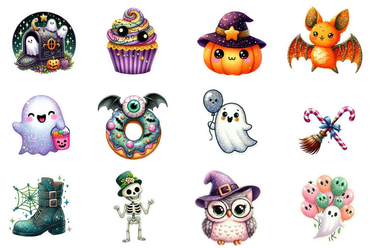 Halloween Sticker Clipart PNG Bundle | 45 Cute Glitter Halloween Stickers, Ghost Witch Cat Pumpkin Bat,