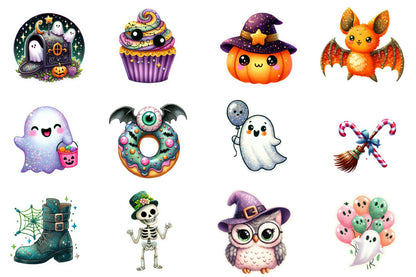 Halloween Sticker Clipart PNG Bundle | 45 Cute Glitter Halloween Stickers, Ghost Witch Cat Pumpkin Bat,