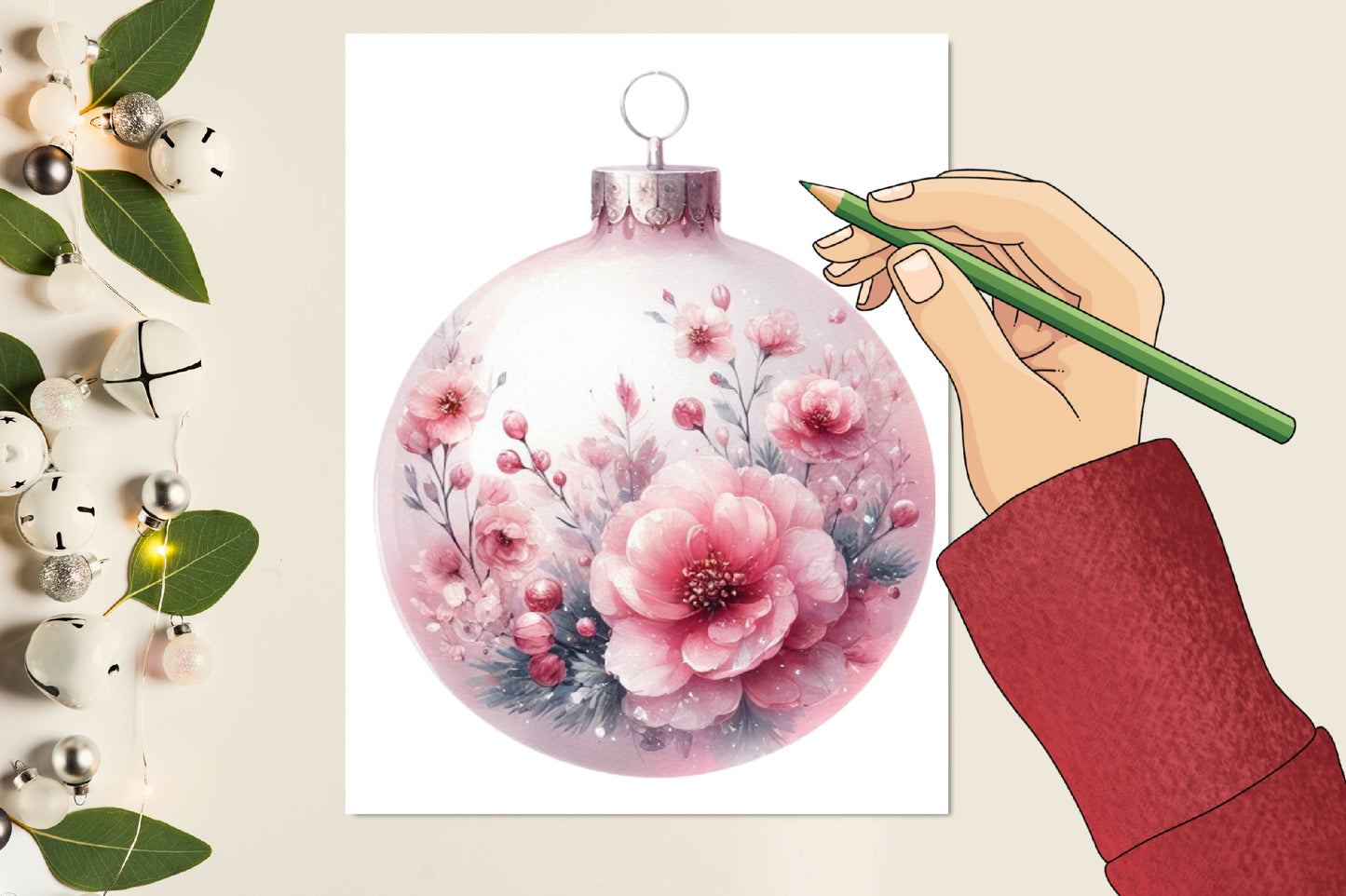 26 Watercolor Pink Christmas Globe Bauble PNG Bundle Floral Ornament
