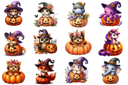 Halloween Animals Clipart PNG Bundle | Cute Witch Animal PNG, Spooky Pumpkin Animal Clipart